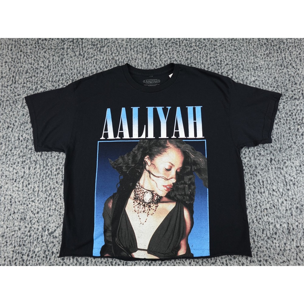 Aaliyah Graphic T-Shirt Women Size M Black Cropped Raw Hem 90s R&B Music Tee